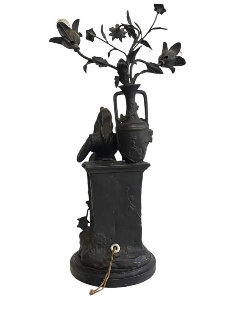 Pamono Antique Antimony Table Lamp with Female Figure, Early 20th Century> Table Lamps