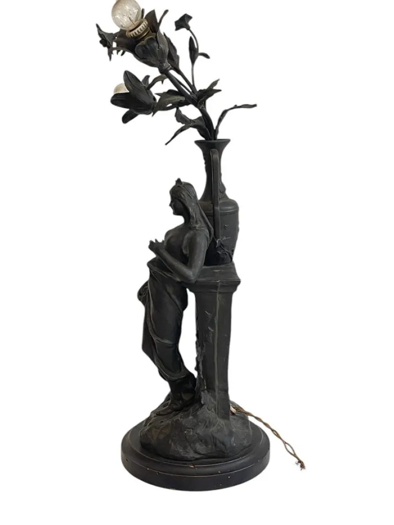 Pamono Antique Antimony Table Lamp with Female Figure, Early 20th Century> Table Lamps