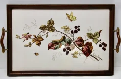 Online Pamono Antique Art Nouveau Tray with Tile Panel and Floral Decoration, 1905s