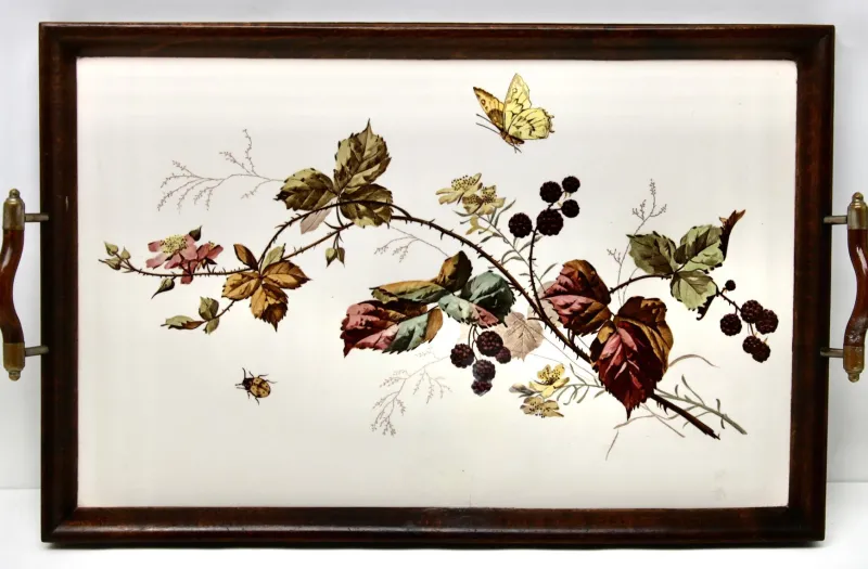 Online Pamono Antique Art Nouveau Tray with Tile Panel and Floral Decoration, 1905s