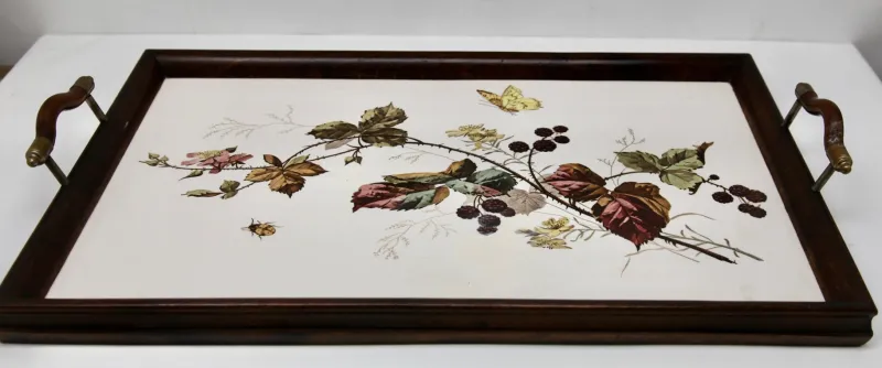 Online Pamono Antique Art Nouveau Tray with Tile Panel and Floral Decoration, 1905s