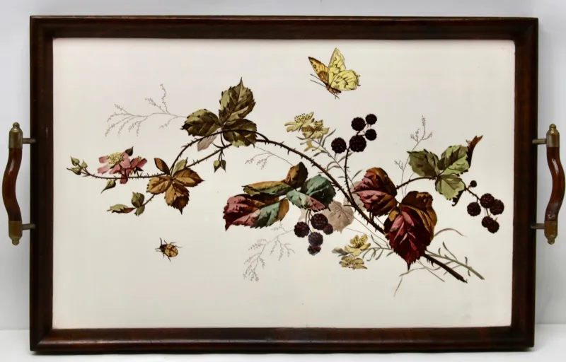 Online Pamono Antique Art Nouveau Tray with Tile Panel and Floral Decoration, 1905s