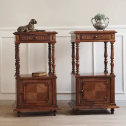 Pamono Antique Bedside Tables with Marble Tops and Columns, 1890, Set of 2