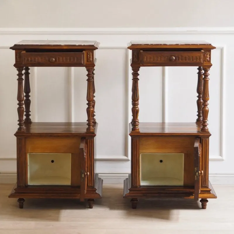 Pamono Antique Bedside Tables with Marble Tops and Columns, 1890, Set of 2