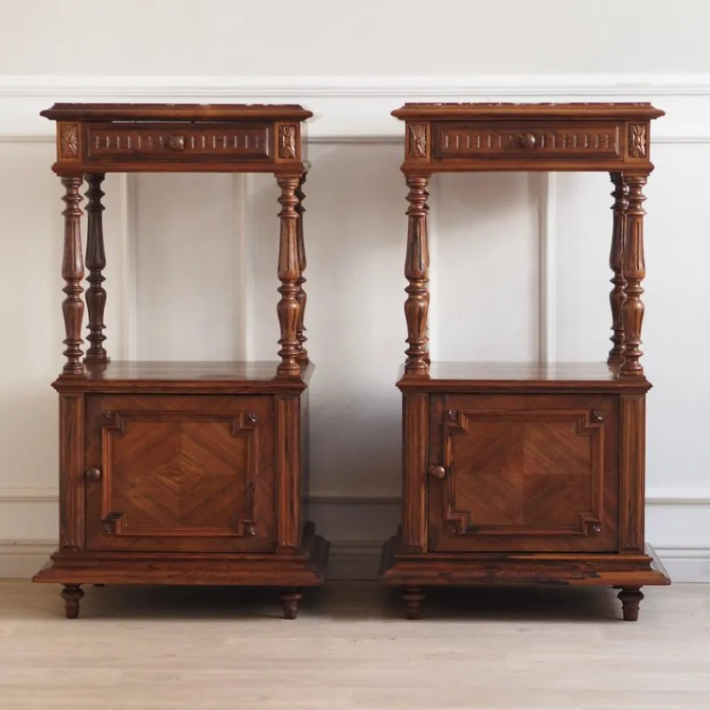 Pamono Antique Bedside Tables with Marble Tops and Columns, 1890, Set of 2