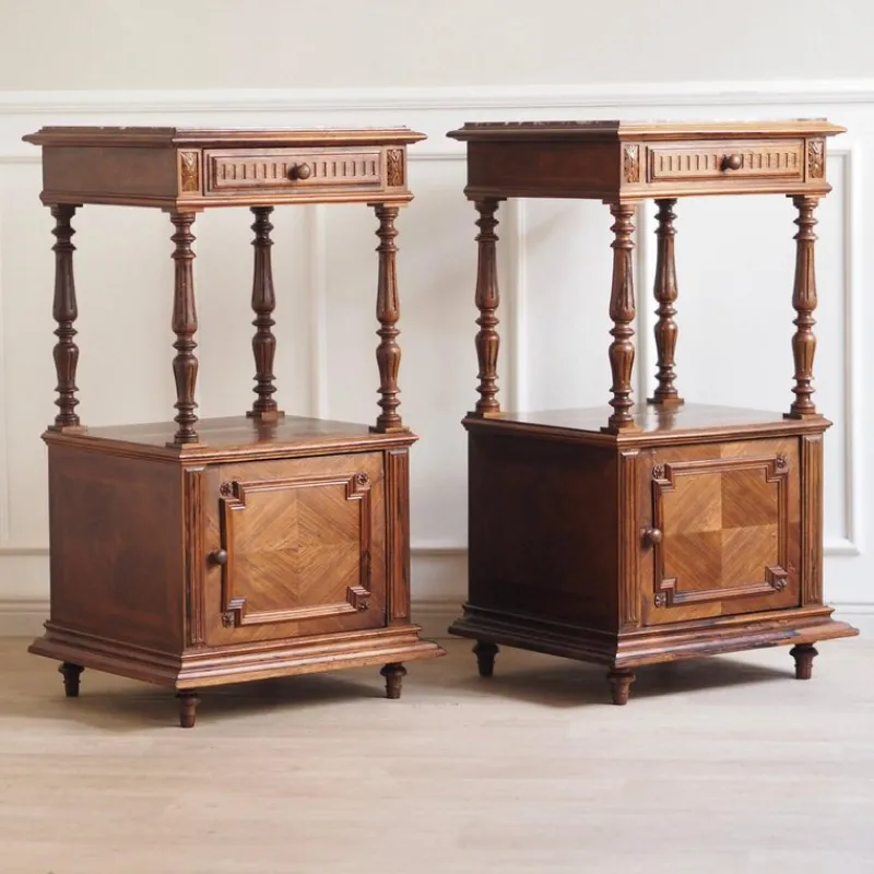 Pamono Antique Bedside Tables with Marble Tops and Columns, 1890, Set of 2