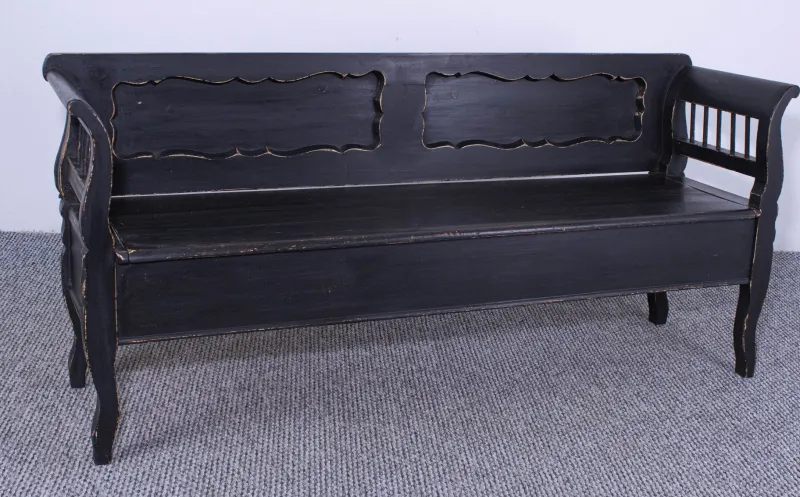 Hot Pamono Antique Black Painted Pine Box Bench, Late 19th Century