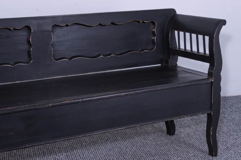 Hot Pamono Antique Black Painted Pine Box Bench, Late 19th Century