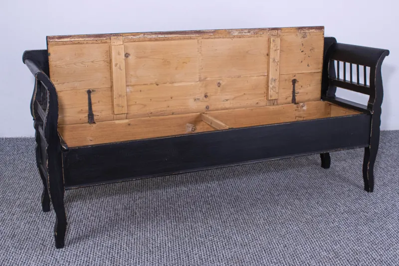Hot Pamono Antique Black Painted Pine Box Bench, Late 19th Century