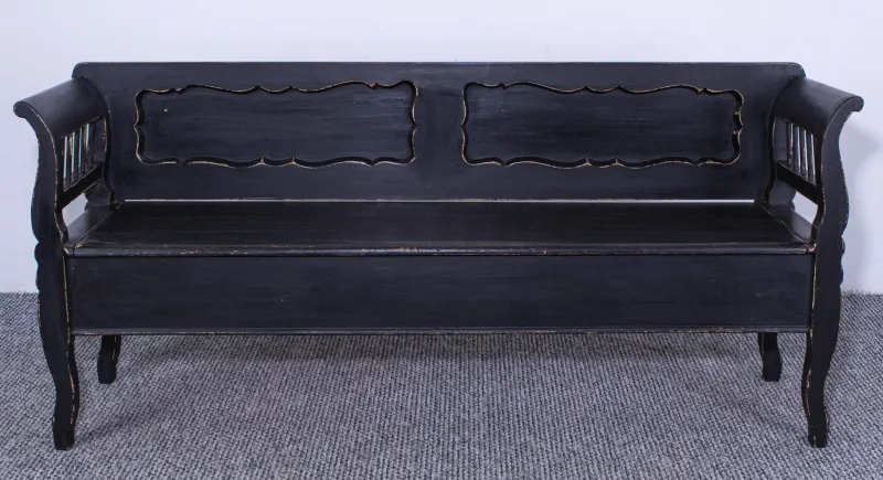 Hot Pamono Antique Black Painted Pine Box Bench, Late 19th Century