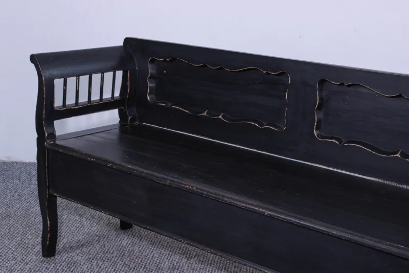 Hot Pamono Antique Black Painted Pine Box Bench, Late 19th Century
