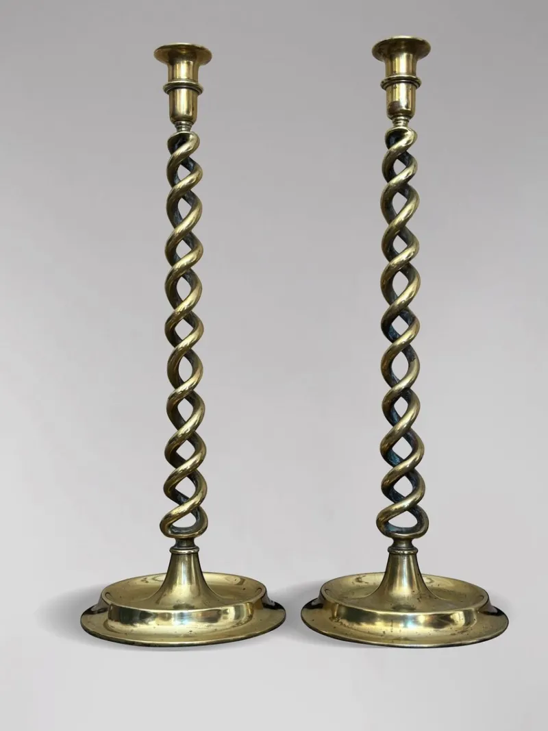 Best Pamono Antique Brass Barley Twist Candlesticks, 1880, Set of 2