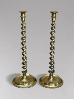Best Pamono Antique Brass Barley Twist Candlesticks, 1880, Set of 2