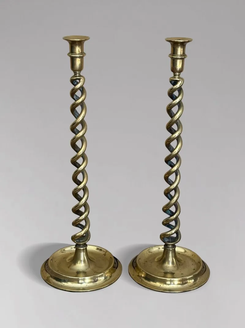 Best Pamono Antique Brass Barley Twist Candlesticks, 1880, Set of 2