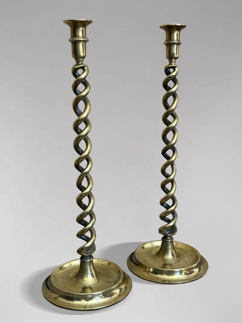 Best Pamono Antique Brass Barley Twist Candlesticks, 1880, Set of 2