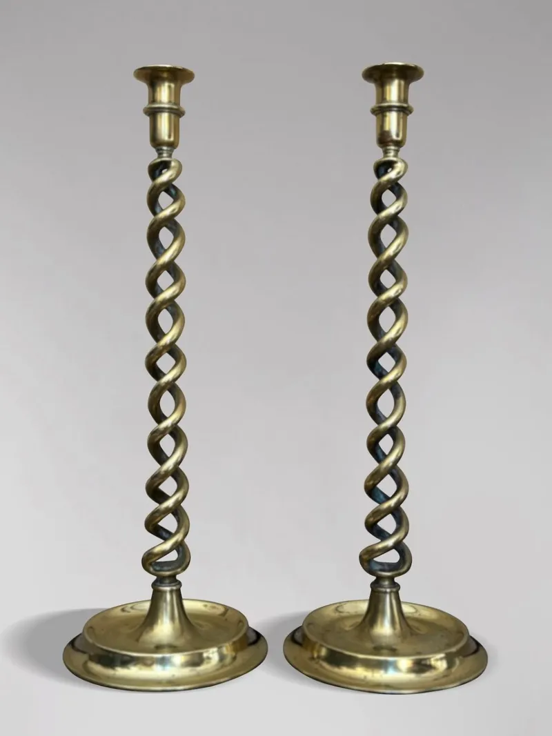 Best Pamono Antique Brass Barley Twist Candlesticks, 1880, Set of 2
