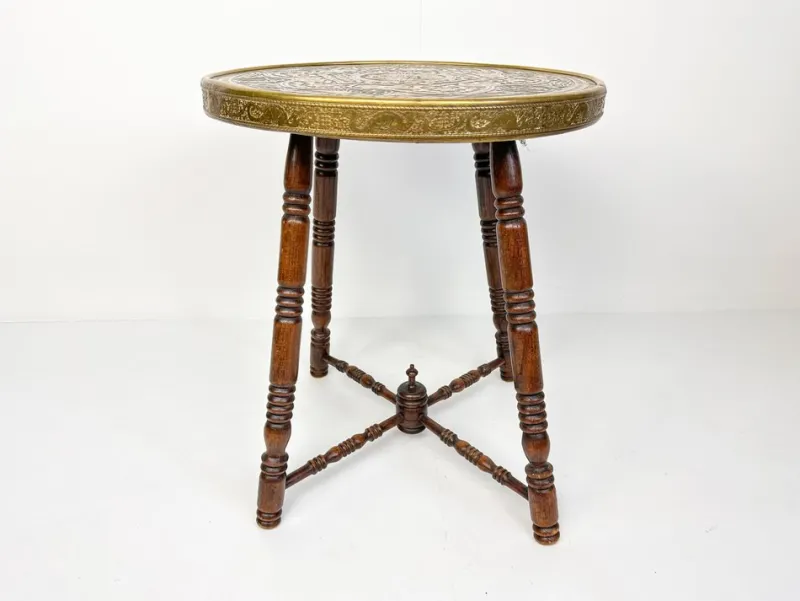Pamono Antique Brass Tray Table with Turned Wood Legs, 1890s> Coffee & Side Tables