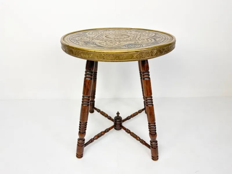 Pamono Antique Brass Tray Table with Turned Wood Legs, 1890s> Coffee & Side Tables