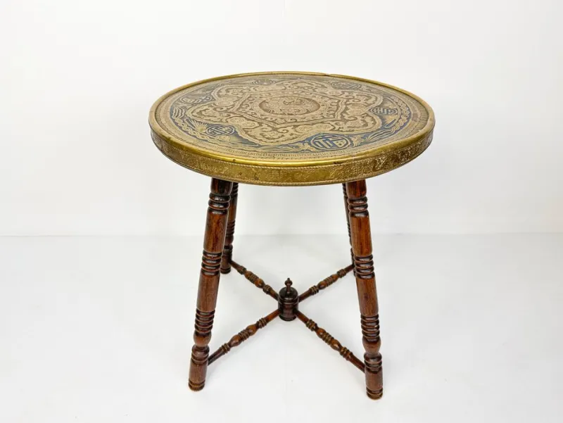 Pamono Antique Brass Tray Table with Turned Wood Legs, 1890s> Coffee & Side Tables