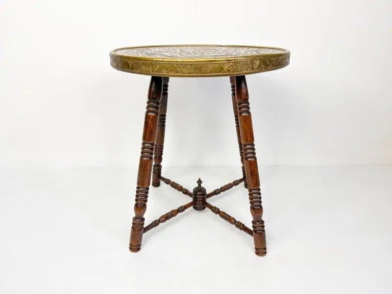 Pamono Antique Brass Tray Table with Turned Wood Legs, 1890s> Coffee & Side Tables