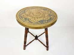 Pamono Antique Brass Tray Table with Turned Wood Legs, 1890s><noscript><img width=