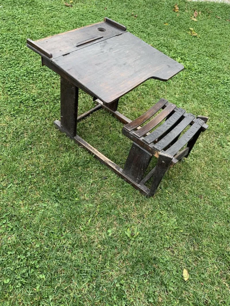 Best Pamono Antique Brown Painted Children's School Bench and Desk, 1920s