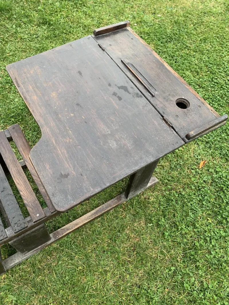 Best Pamono Antique Brown Painted Children's School Bench and Desk, 1920s