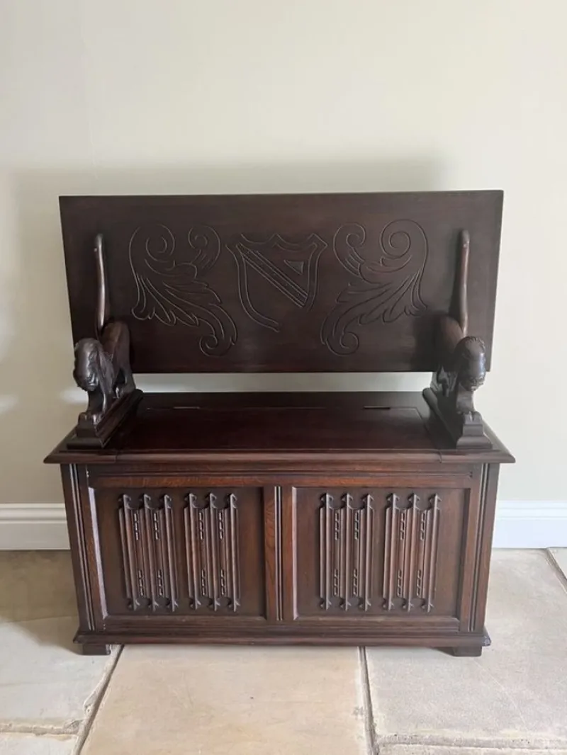 Hot Pamono Antique Carved Oak Monks Bench, 1920s