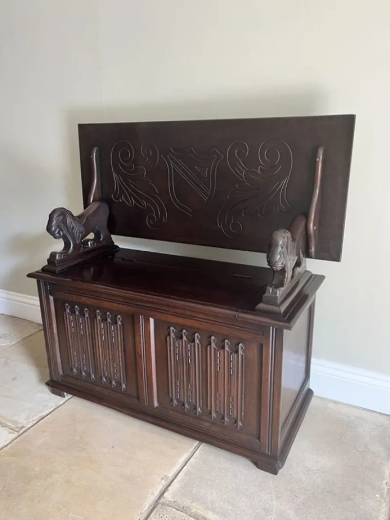 Hot Pamono Antique Carved Oak Monks Bench, 1920s