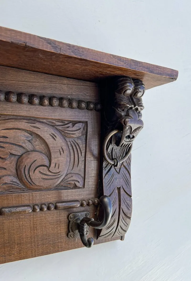 Sale Pamono Antique Carved Oak Wall Mounted Coat Rack with Lion Heads, 1920s
