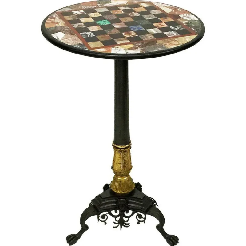 Clearance Pamono Antique Charles X Chess Table in Bronze Gilded Inlaid with Marble and Stones