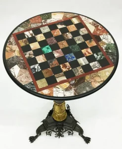 Clearance Pamono Antique Charles X Chess Table in Bronze Gilded Inlaid with Marble and Stones