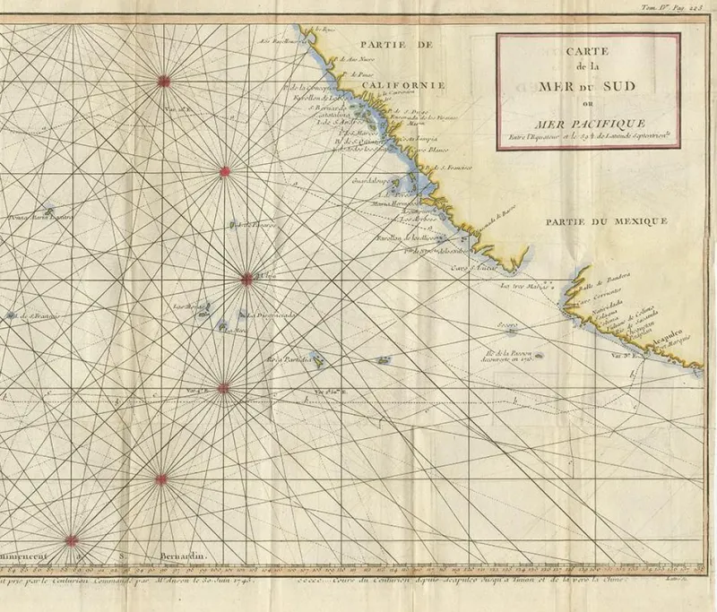 Pamono Antique Chart of the Mid-Pacific Ocean by Anson, 1784> Wall Decor