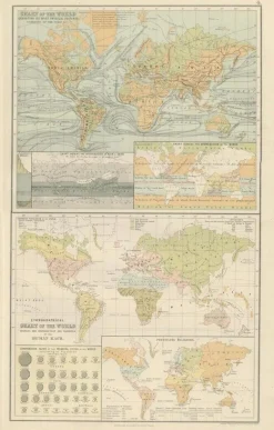 Pamono Antique Charts of the World Physical, 1884> Wall Decor