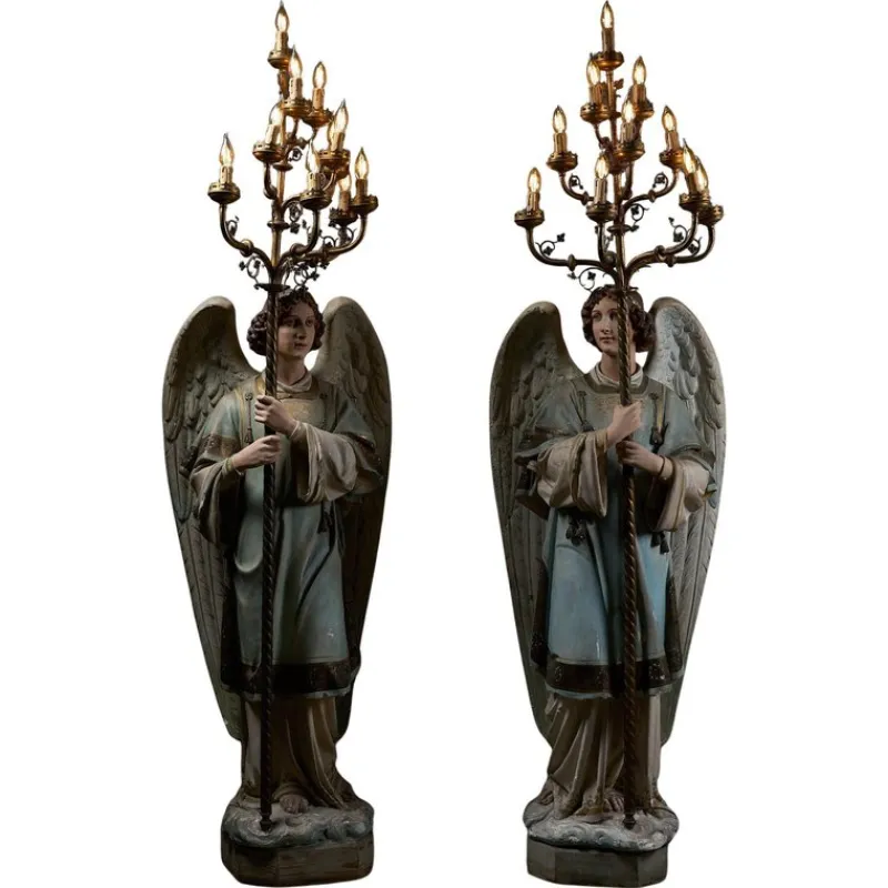 Sale Pamono Antique Church Angel Candleholders with Brass Chandeliers, 19th Century, Set of 2