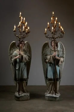 Sale Pamono Antique Church Angel Candleholders with Brass Chandeliers, 19th Century, Set of 2