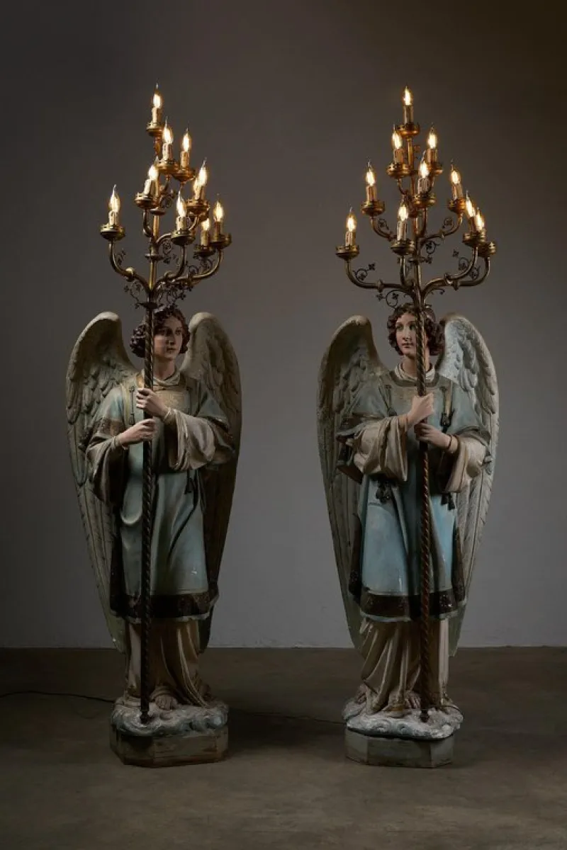 Sale Pamono Antique Church Angel Candleholders with Brass Chandeliers, 19th Century, Set of 2