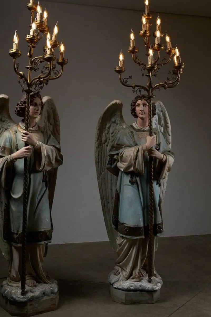 Sale Pamono Antique Church Angel Candleholders with Brass Chandeliers, 19th Century, Set of 2