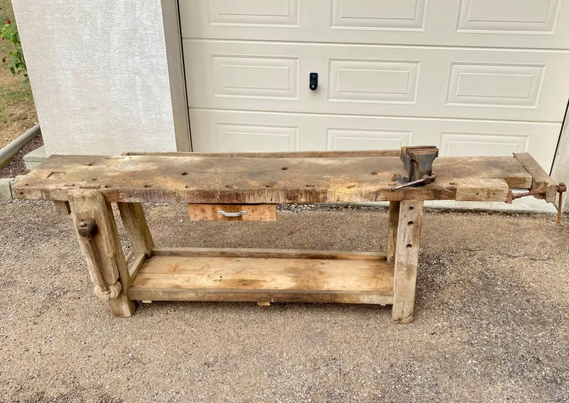 Pamono Antique Early 20th Century Carpenters Workbench in Beech, 1940s> Worktables & Workbenches