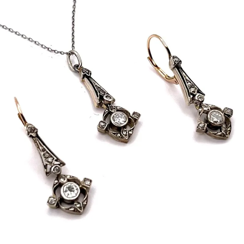New Pamono Antique Earrings and Pendant with Diamonds, Austria, 1900s, Set of 3