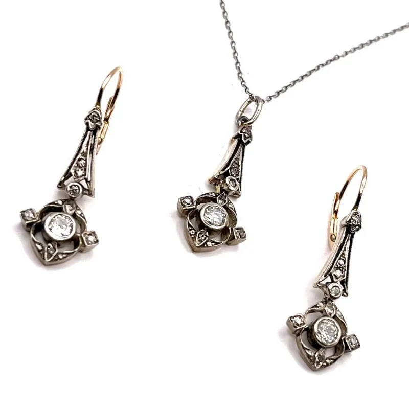 New Pamono Antique Earrings and Pendant with Diamonds, Austria, 1900s, Set of 3