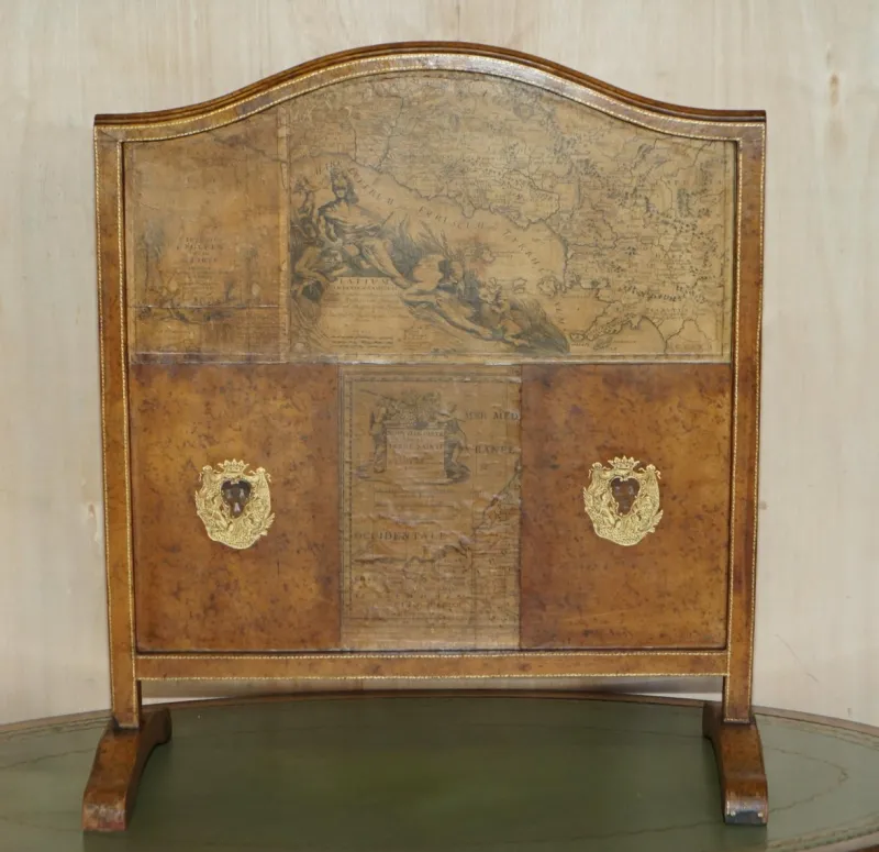 Pamono Antique Edwardian Leather Clad & Embossed Fire Screen with Map Decoration, 1900> Fireplaces And Mantels