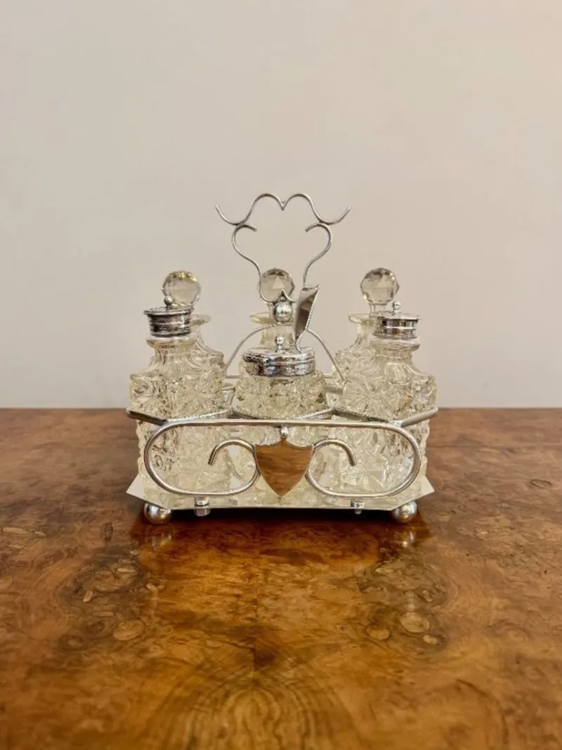 Pamono Antique Edwardian Silver Plated Cruet Set, 1900, Set of 7> Dinnerware Accessories