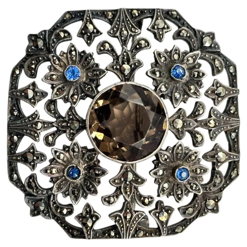 Sale Pamono Antique Edwardian Silver 925, Marcasite, Glass and Stone Brooch