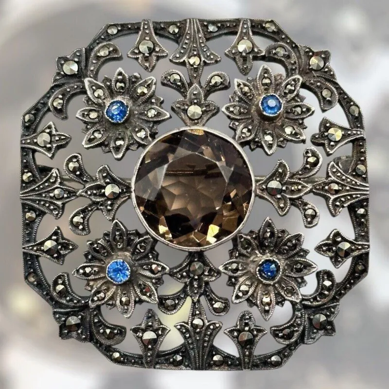 Sale Pamono Antique Edwardian Silver 925, Marcasite, Glass and Stone Brooch