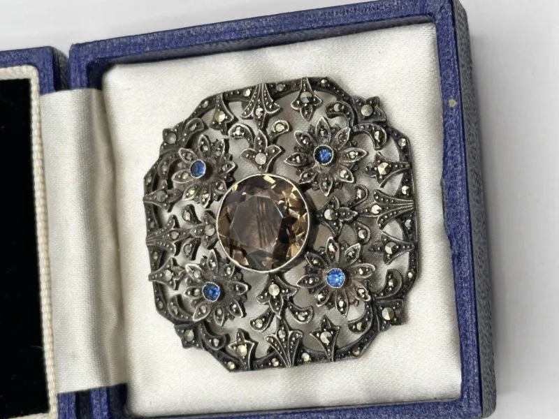 Sale Pamono Antique Edwardian Silver 925, Marcasite, Glass and Stone Brooch