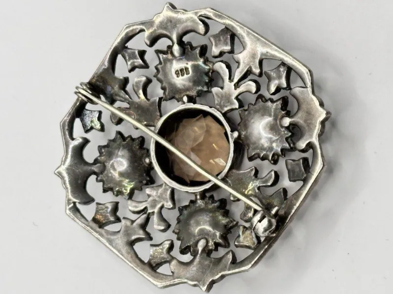 Sale Pamono Antique Edwardian Silver 925, Marcasite, Glass and Stone Brooch