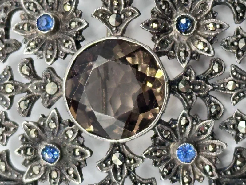 Sale Pamono Antique Edwardian Silver 925, Marcasite, Glass and Stone Brooch