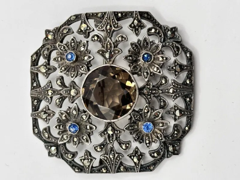 Sale Pamono Antique Edwardian Silver 925, Marcasite, Glass and Stone Brooch