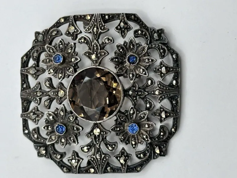 Sale Pamono Antique Edwardian Silver 925, Marcasite, Glass and Stone Brooch